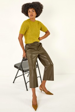 Olive Faux Leather Wide Leg Crop Trouser