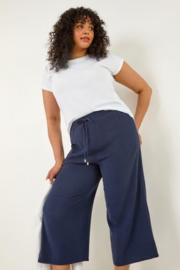 Roman Curve Navy Linen Mix Cropped Trousers