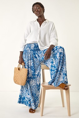 Roman Blue Printed Shirred Wide Leg Trouser