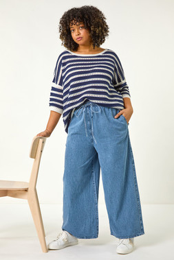 Roman Curve Light Blue Tie Waist Denim Wide Leg Trouser