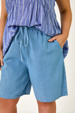 Roman Curve Light Blue Tie Waist Denim Short