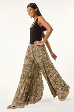 Roman Brown Animal Tiered Palazzo Trouser