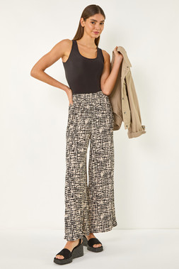 Roman Black Textured Print Elastic Waist Stretch Trouser