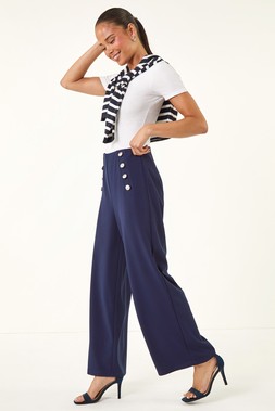 Roman Petite Navy Button Detail Wide Leg Trouser