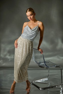 Roman Dusk Silver Cowl Neck Sequin Cami Top