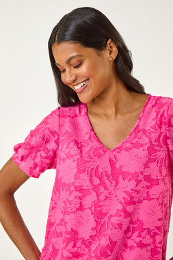 Roman Fuchsia Textured Floral Blouson Hem Stretch Top