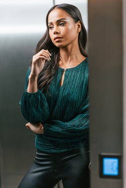 Roman Petite Teal Crinkle Keyhole Sparkly Top