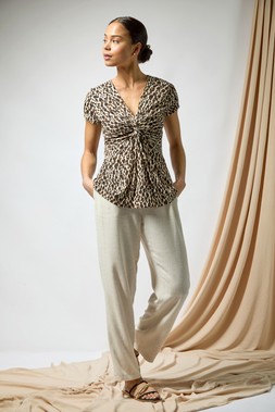 Roman Petite Stone Linen Mix Elastic Waist Tie Front Trousers & Animal Print Knot Stretch Top