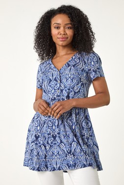 Roman Petit Blue Petite Paisley Mono V-Neck Tunic