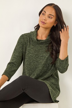Roman Petite Khaki Brushed Knit Wrap Top
