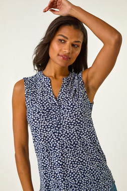 Roman Navy Floral Print Textured Vest Top