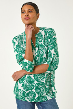 Roman Green Leaf Print Shoulder Pleat Shirt