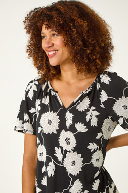 Roman Textured Floral Print V-Neck Stretch Top
