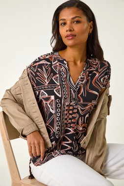 Roman Rust Textured Ikat Print Stretch Top