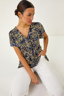 Roman Yellow Floral Print Pleat Front Stretch Top