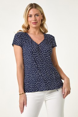 Roman Petite Spot Print Crinkle V-Neck Top