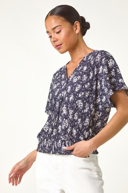 Roman Petite Navy Floral Crinkle Blouson Top
