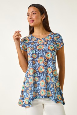 Roman Blue Floral Burnout Print Tunic Top