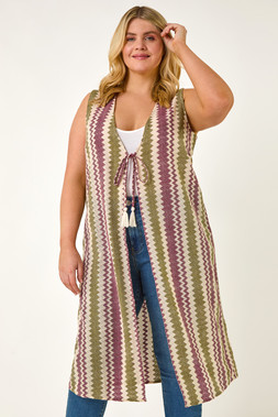 Roman Curve Purple Green Zig Zag Longline Waistcoat