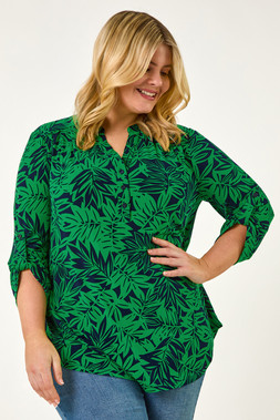 Roman Curve Leaf Print ITY Button Shirt
