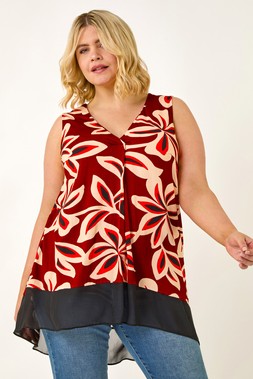 Roman Curve Red Floral Print Chiffon Hem Vest Top