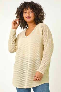 Roman Curve Cream Textured Knit V-Neck Tunic