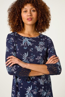 Roman Navy Floral Lace Cuff Stretch Top