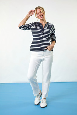 Roman Petite White Stretch Straight Leg Jeans & Stripe V-Neck Button Top