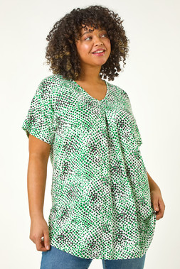 Roman Curve Green Spotted Leaf Print Stretch Top