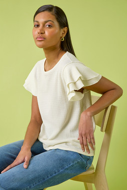 Roman White Textured Frill Sleeve Tshirt