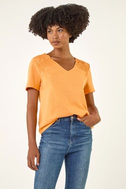 Roman Orange Shirred Shoulder T-Shirt