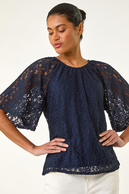 Roman Navy Lace Angel Sleeve Top