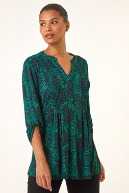 Roman Teal Abstract Print V-Neck Stretch Shirt