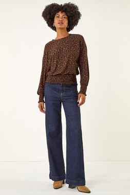 Black Abstract Print Shirred Top