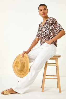 Roman Tan Abstract Print V-Neck Stretch Top