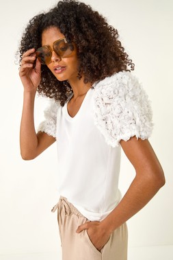 Roman Dusk White 3D Puff Sleeve Stretch T-Shirt