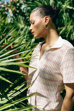 Roman Stripe Crochet Collar Knit Top