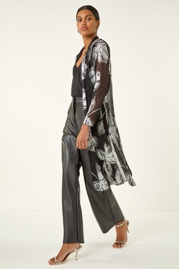 Roman Silver Foil Leaf Print Plisse Kimono