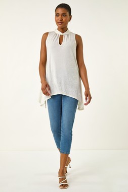 Roman Ivory Foil Rose Twist Neck Top