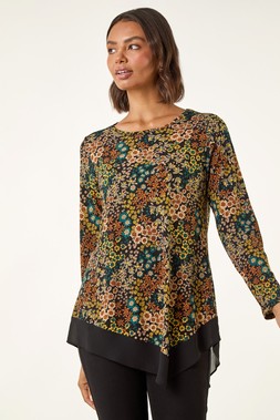 Roman Teal Ditsy Floral Print Tunic Top