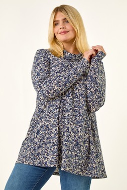 Roman Curve Blue Spot Print Cowl Neck Top