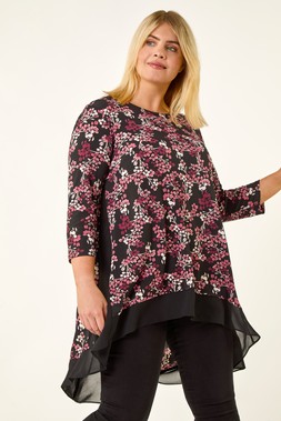 Pink Curve Floral High Low Chiffon Top