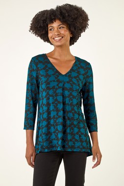 Roman Blue Printed Pleat Front Top