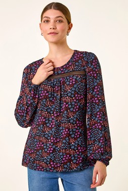 Roman Purple Floral Print Trim Stretch Top