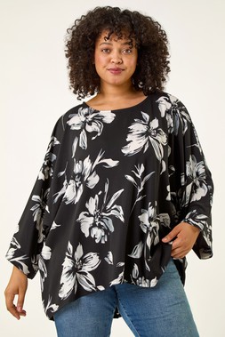 Roman Curve Black Floral Print Stretch Top