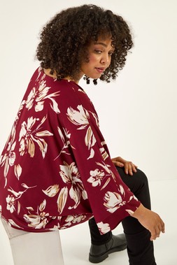 Roman Curve Red Floral Print Stretch Top