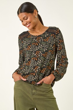 Roman Green Printed Lace Stretch Top