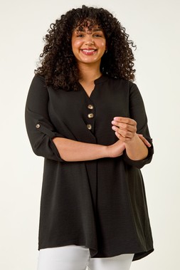 Roman Curve Black Textured Buttoned Tunic Top