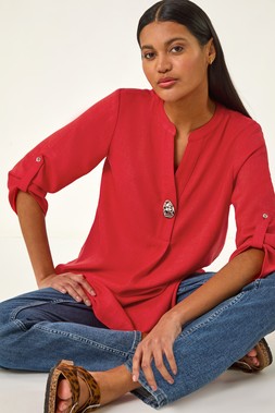 Roman Coral Button Detail Longline Blouse