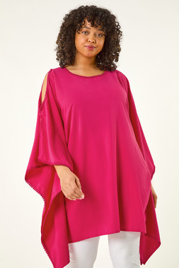 Roman Curve Fuchsia Bobble Trim Hanky Hem Top